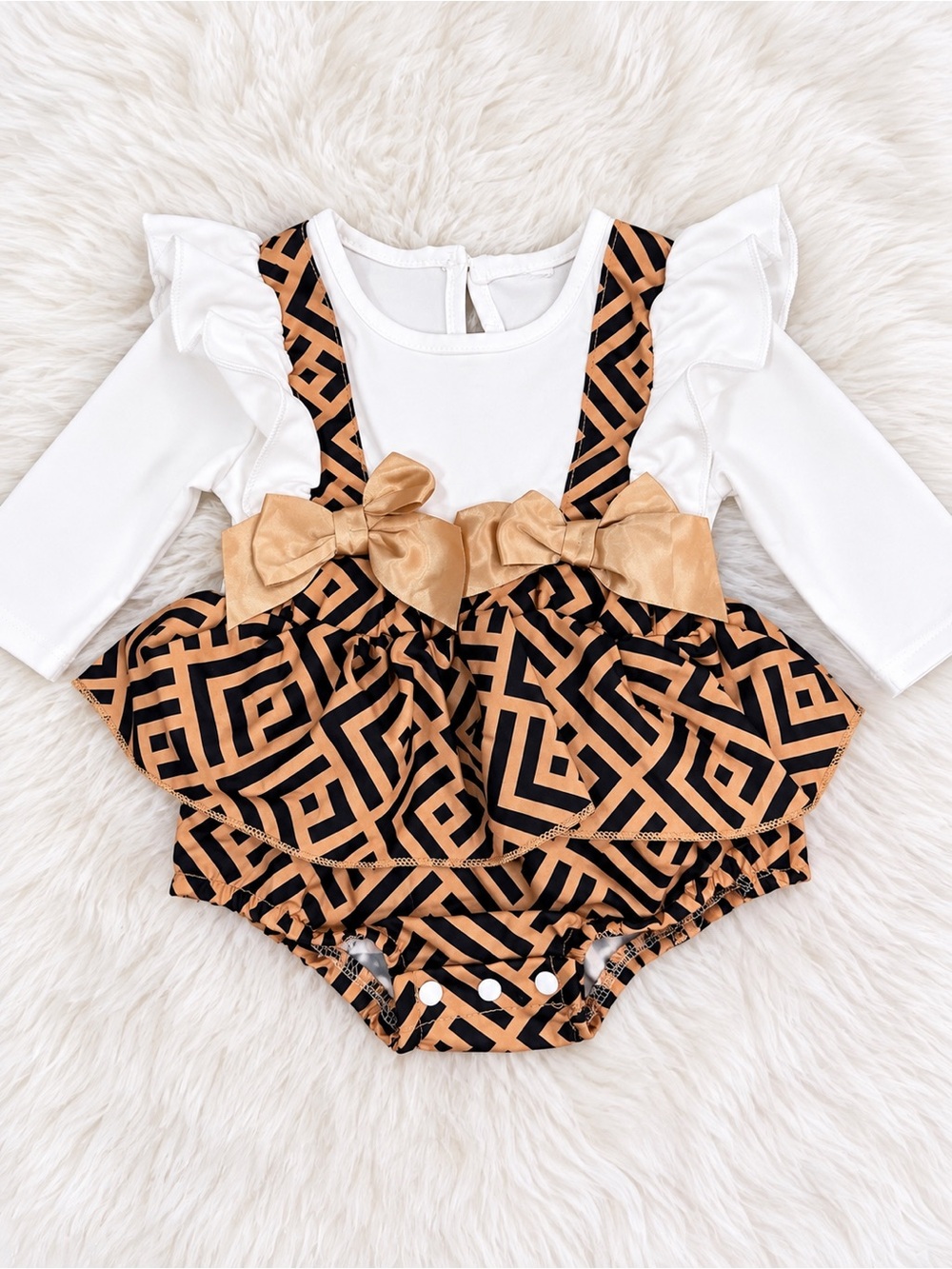 SHEIN Black and Tan Geometric Bow Ruffle One-Piece Bodysuit